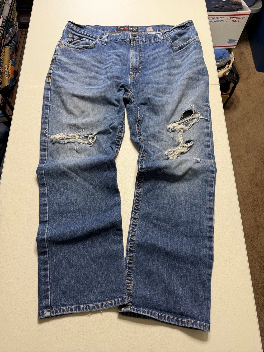 ariat fr m4 jeans men 42x32 blue low rise boot cut distressed workwear grunge